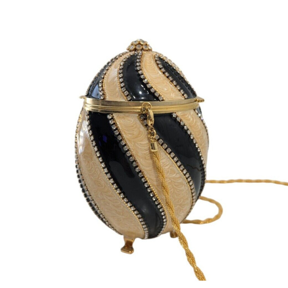 Vivian Alexander Black Gold Striped Enamel Crystal Bead Rhea Duchess II Egg Bag - Picture 3 of 16